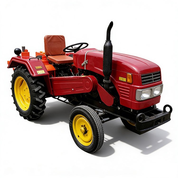 Red compact tractor with yellow wheels, equipped with a front-mounted excavator attachment, isolated on a white background.