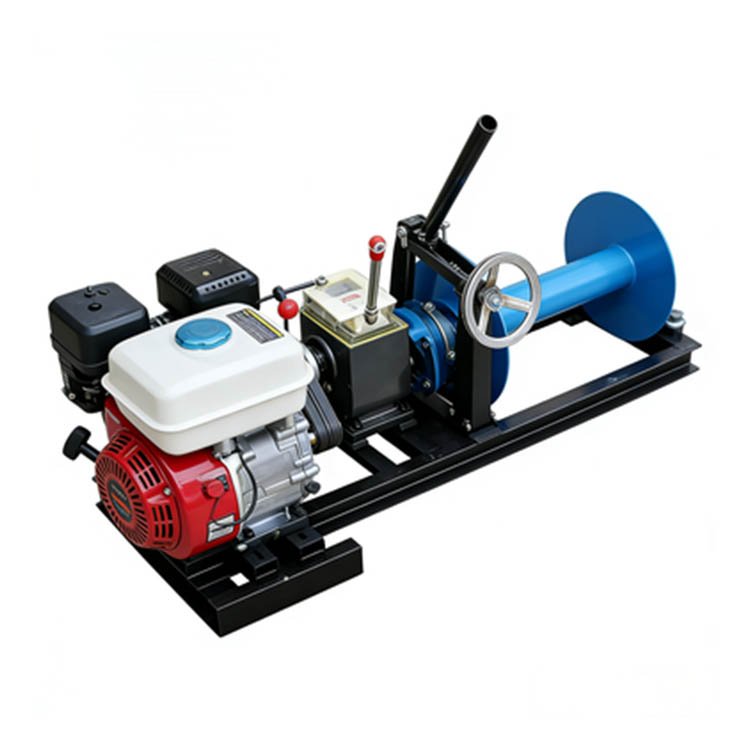 Gasoline-powered winch with blue cable drum, red engine, and control lever, mounted on a black frame for heavy-duty pulling tasks.