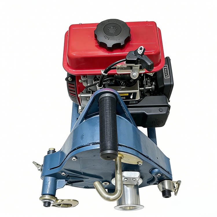 Portable gasoline winch with red engine, blue winch housing, handle, and lifting components for heavy-duty applications
