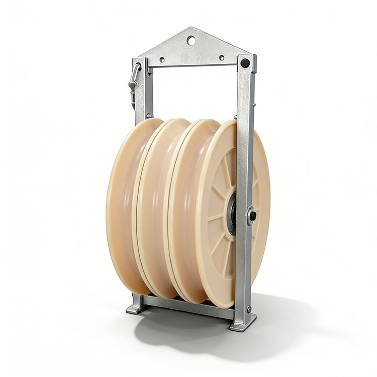 Industrial excavator pulley assembly with metal frame and multiple beige grooved pulleys, built for heavy-duty use