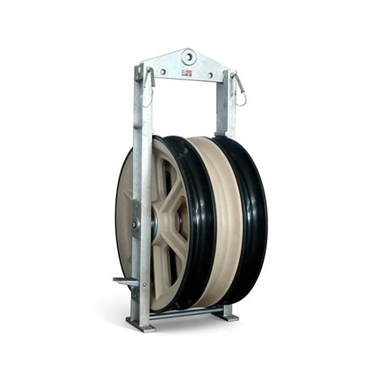 Heavy-duty excavator lifting pulley with metal frame, large black and beige sheaves for robust lifting tasks