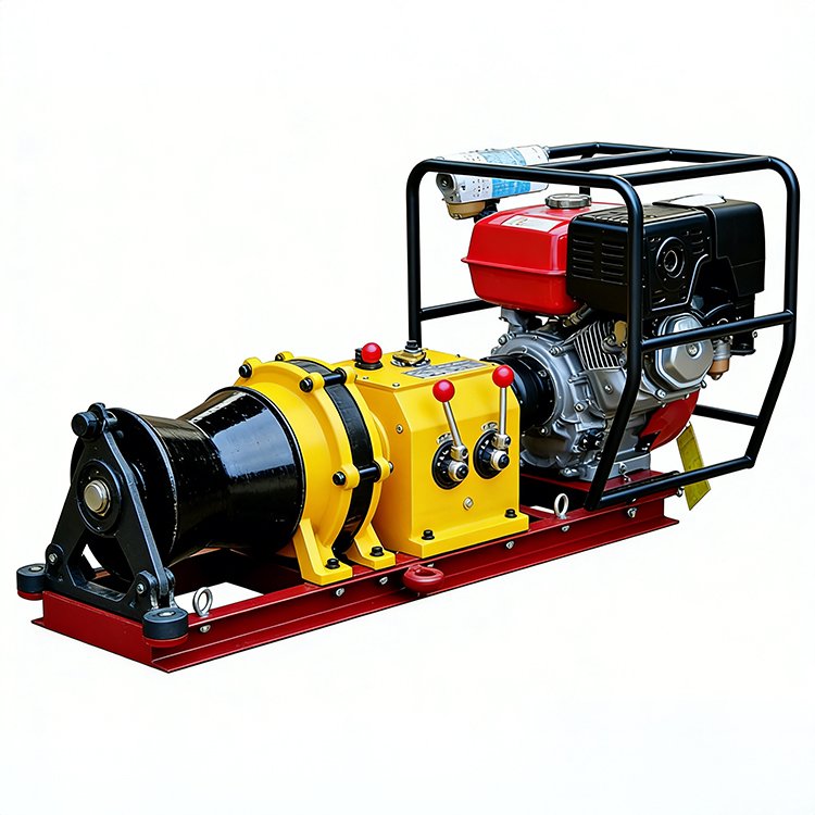 Portable gasoline-powered winch with yellow control unit, black drum, red base, and engine in protective frame, for heavy-duty pulling/lifting