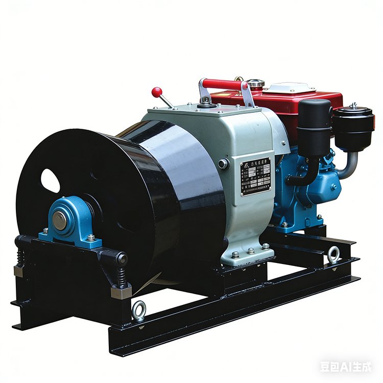 Diesel engine winch with red/blue engine, gearbox, black drum, and sturdy black frame for heavy-duty operations