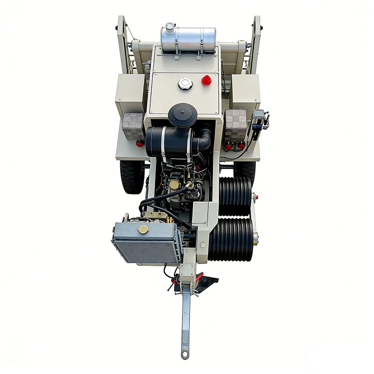 Trailer-mounted hydraulic cable puller with large yellow reels, engine, and cooling system for power line installation