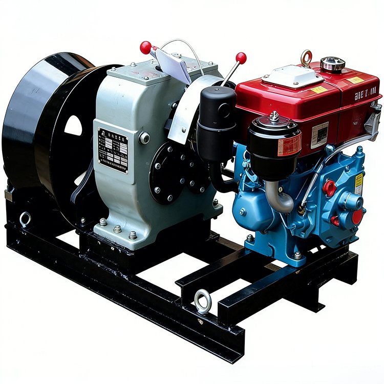 Diesel-powered cable winch with black drum, gray gearbox, red/blue engine, and control levers on a black base.