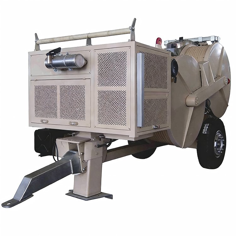 Trailer-mounted hydraulic winch with mesh enclosure, winch drum, and towing hitch for heavy cable pulling and construction tasks.