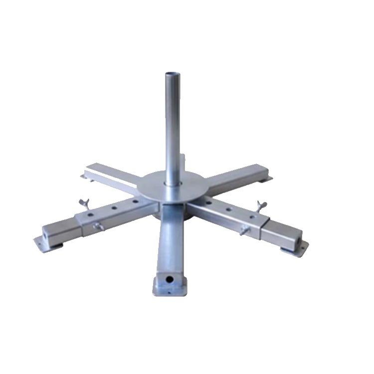 Metallic excavator radial multi-arm attachment with six adjustable arms, central pipe, and locking pins for secure operation.