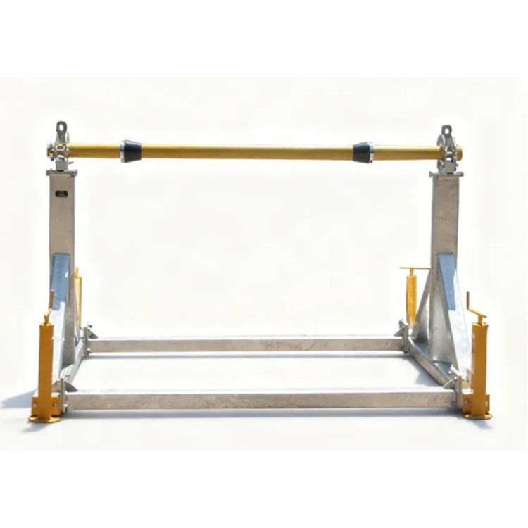 Heavy-duty excavator lifting frame with yellow crossbar, metal frame, and stabilizers for construction load handling
