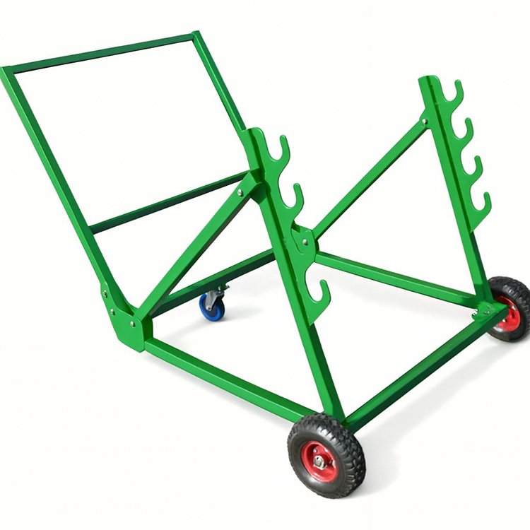 Green wheeled storage cart with hooks, 2 black wheels (red rims) + 1 blue caster, for hose/pipe organization in workspaces