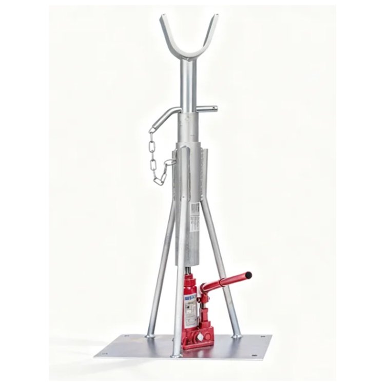 Hydraulic pipe lifting stand with red hydraulic jack, metal base, fork top, and safety chain for pipe support tasks.