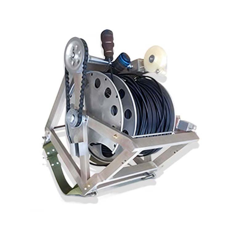 Camouflage backpack with metal cable winder, portable design for carrying and winding cables in outdoor settings.