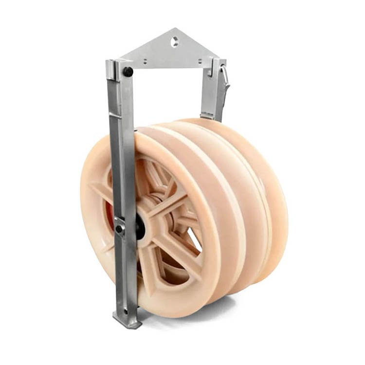 Heavy-duty pulley assembly with multiple beige nylon sheaves and a sturdy metal mounting bracket, designed for efficient load lifting and hoisting tasks.
