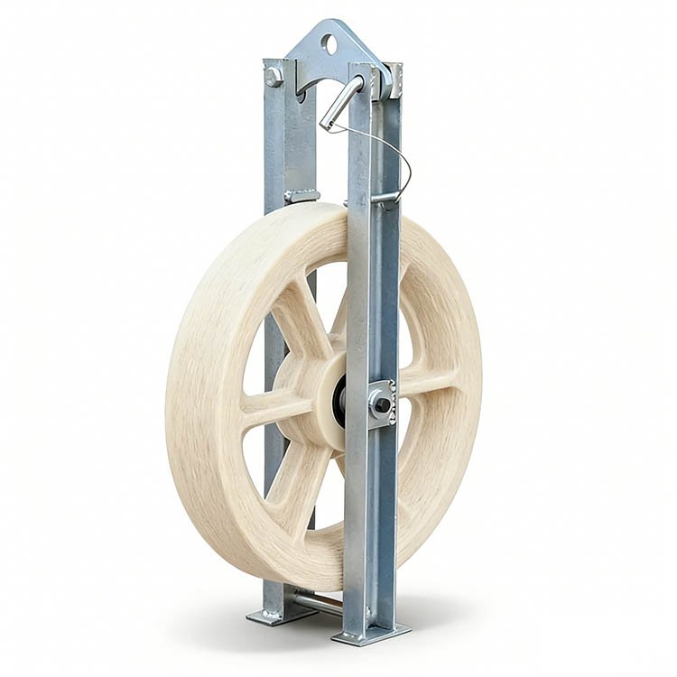 Excavator pulley with white nylon wheel, metal mounting frame, and secure pin for cable lifting applications