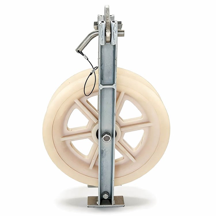 Industrial cable pulley featuring a metal frame, large white nylon wheel, and metal hardware for heavy-duty lifting applications