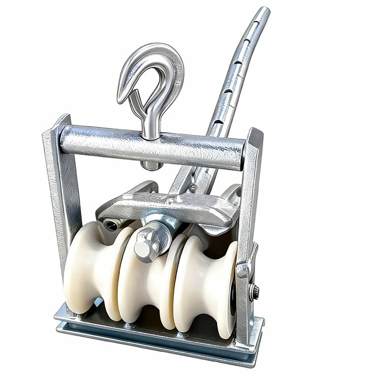 Heavy-duty multi-sheave pulley block with stainless steel hooks, metal frame, and white nylon sheaves for heavy lifting and rigging tasks.
