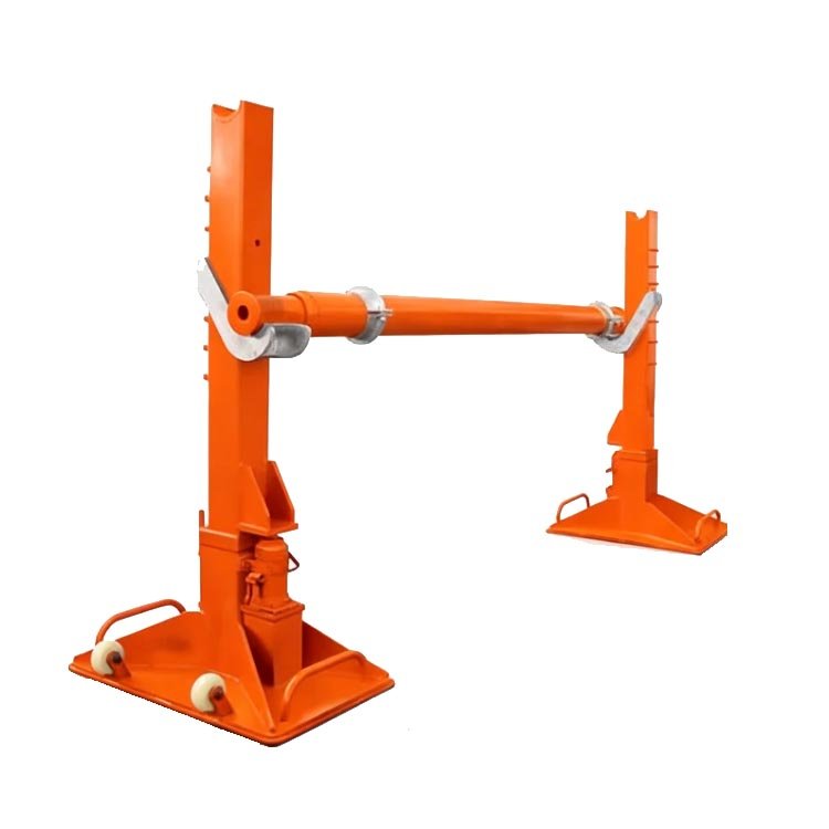 Orange heavy-duty adjustable pipe support stand with horizontal bar, wheels, and metal clamps for pipe holding in construction/plumbing.