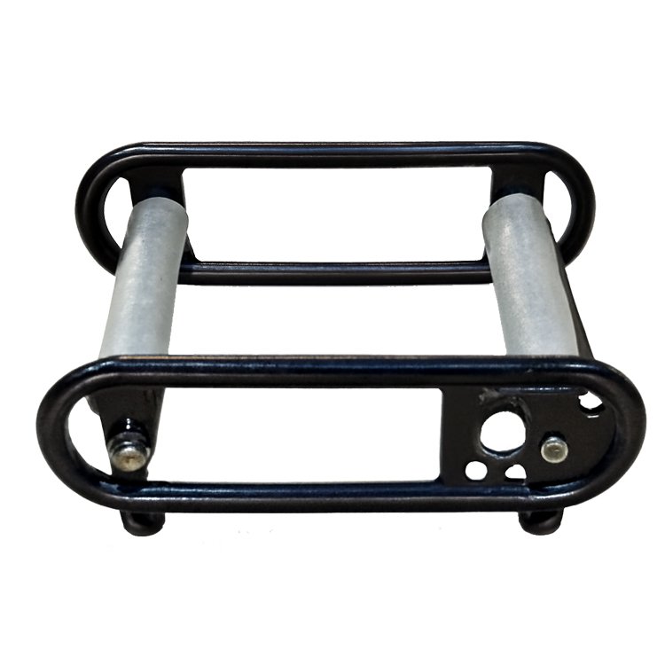 Black metal excavator roller guide with two silver rollers, mounting holes, for smooth hose/cable guidance in heavy machinery.