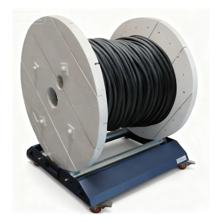 Black cable wound on a large spool mounted on a blue portable stand with red wheels, ideal for industrial cable handling.