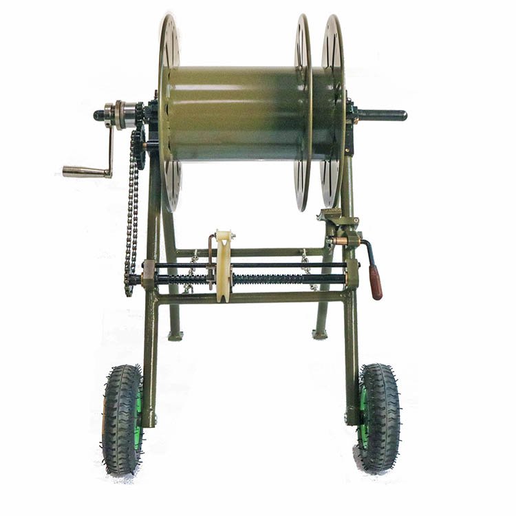 Portable hydraulic hose reel cart with manual crank, green wheels, chain drive, and sturdy metal frame for transporting hydraulic hoses.