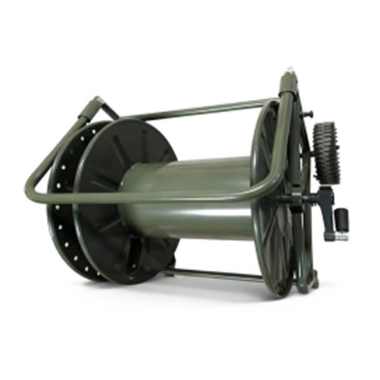 Green heavy-duty manual cable reel with metal frame, large spool, and crank handle for winding cables/hoses, isolated on white background.