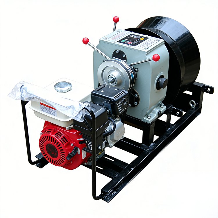 Gasoline-powered winch with red engine, control levers, and black cable drum on a sturdy frame for heavy-duty tasks.