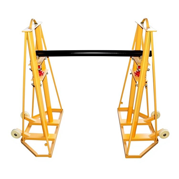Yellow portable pipe roller stand with wheels, black roller bar, adjustable height, for pipe support in construction work.