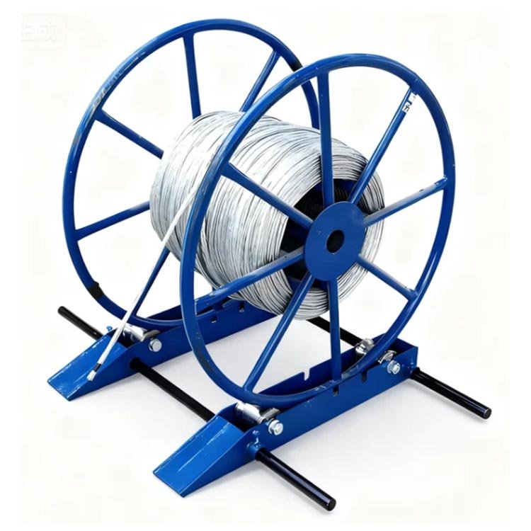 Blue portable wire reel stand holding a spool of silver wire, designed for efficient cable management in construction or electrical work.