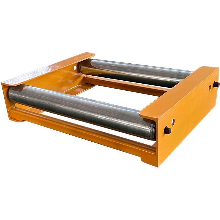 Yellow steel frame excavator roller assembly with two polished metal rollers, designed for heavy-duty construction equipment.