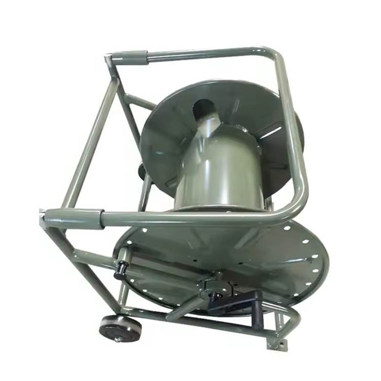 Green portable cable reel trolley with metal frame, large spool, and wheel for easy mobility, designed for wire/hose management