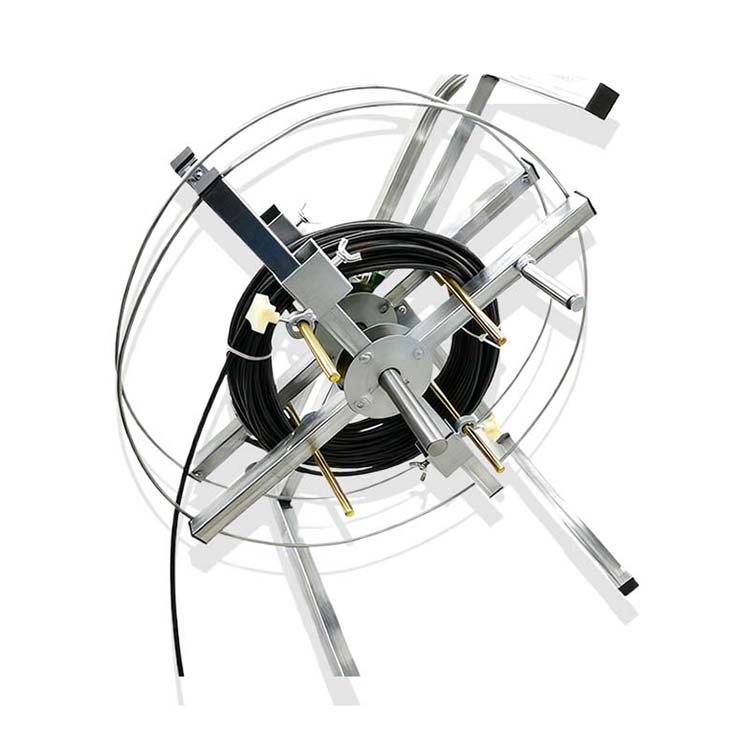 Camouflage backpack with metal cable reel, portable design for carrying and winding long cables in outdoor settings.