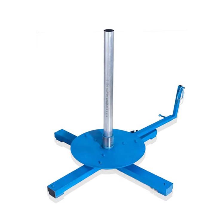 Blue excavator hose reel stand with central pole, stable cross - arm base for organizing hydraulic lines on construction equipment.