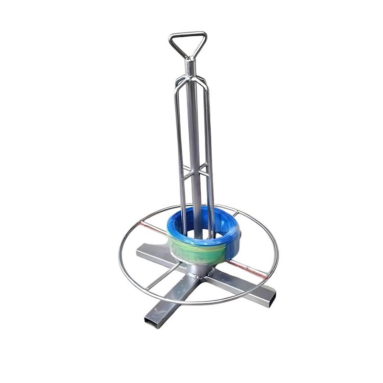 Stainless steel cable reel dispenser stand holding blue wire roll, sturdy portable design for industrial wire organization.