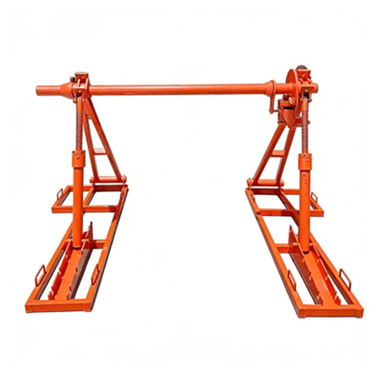 Orange heavy-duty reel stand with adjustable jacks, horizontal bar, and sturdy steel frame for cable/pipe reel support.