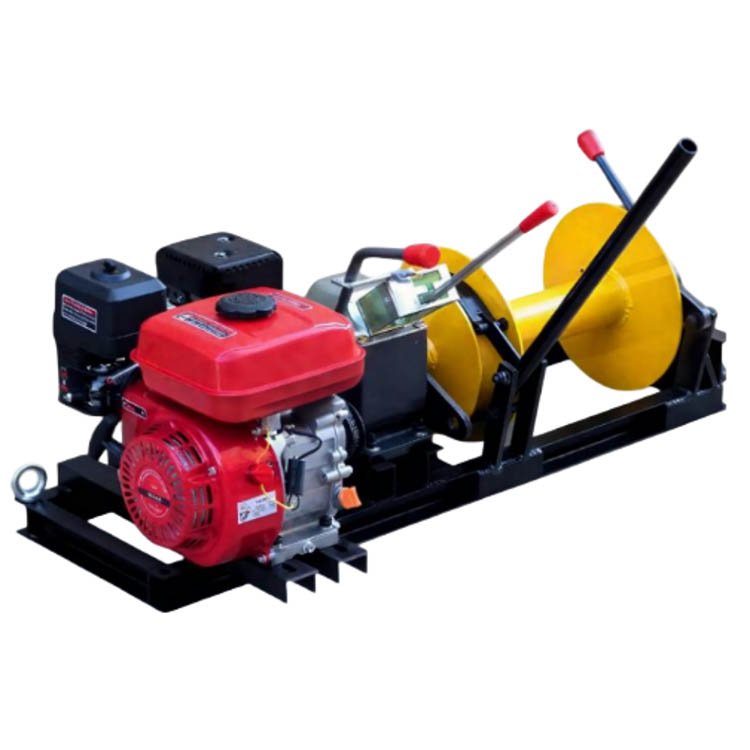 Gasoline-powered winch with red engine, yellow cable drum, black frame, and control levers for heavy-duty pulling
