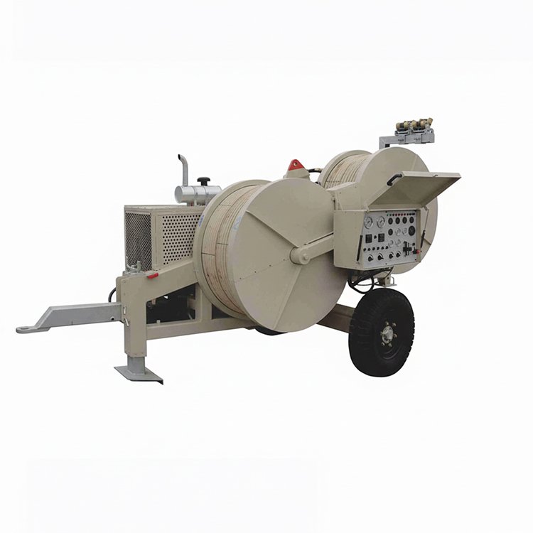 Heavy-duty hydraulic cable puller trailer on wheeled chassis, featuring large cable spools, for construction/utility cable pulling