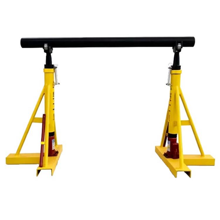 Two yellow adjustable pipe stands supporting a black pipe, showcasing sturdy steel frames and adjustable height mechanisms for industrial use.