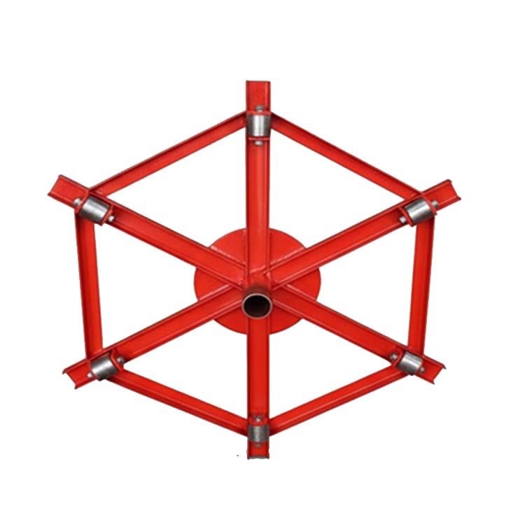 Red excavator compaction wheel attachment with metal rollers, central pipe, and sturdy frame for soil compaction tasks.