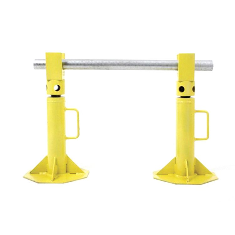 Two blue heavy-duty adjustable pipe support jacks holding a metal pipe, with stable bases and adjustable screw mechanisms for height customization.
