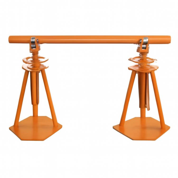 Orange adjustable pipe jack stands with a horizontal bar, screw-adjustable height, and stable triangular bases for heavy-duty pipe support.