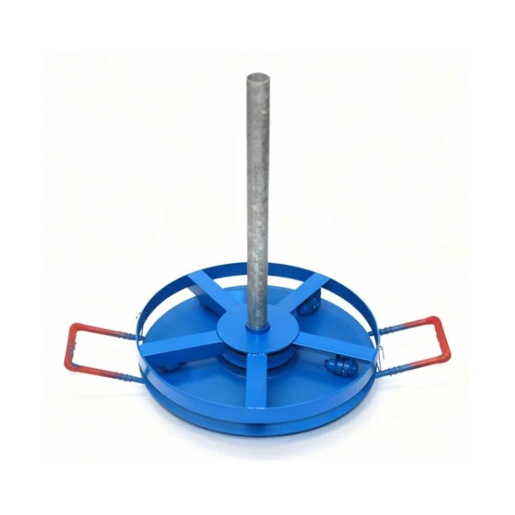 Blue heavy-duty excavator hydraulic hose reel with central rod, red handles, and circular frame for hose winding.