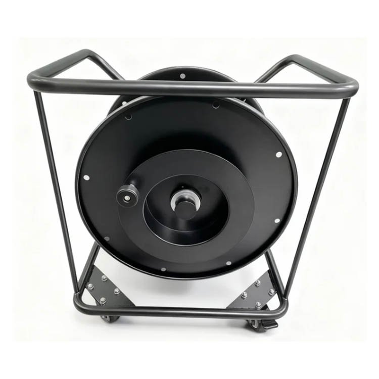 Black steel-framed industrial cable reel holding coiled white cable, designed for heavy-duty use and portability.