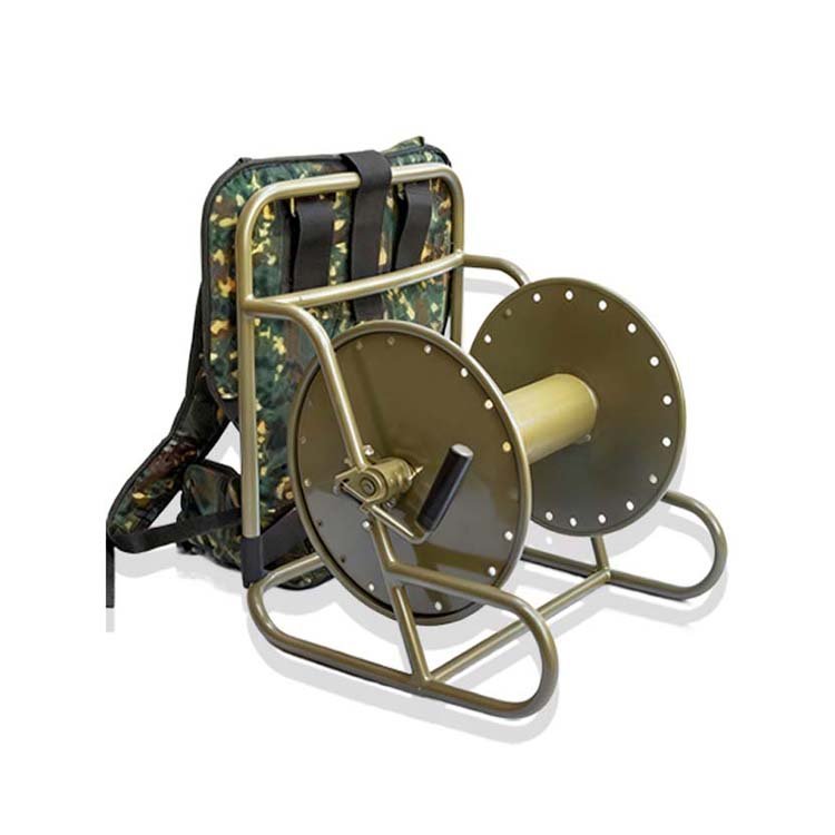 Camouflage backpack with metal cable reel, portable design for carrying and winding long cables in outdoor settings.
