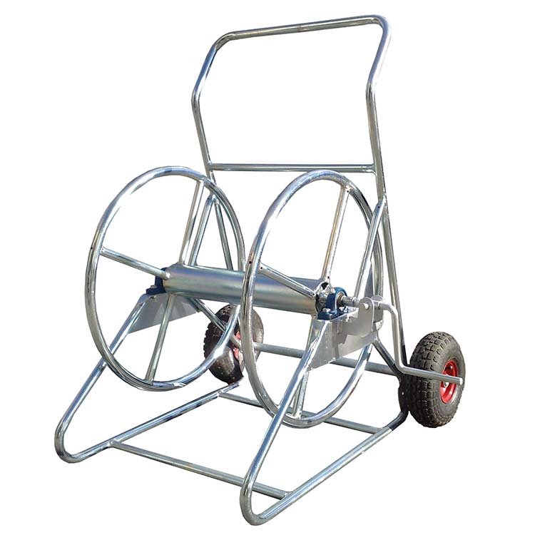 Heavy-duty metal hose reel cart with two reels, wheels, and portable frame for easy hose transport and storage.