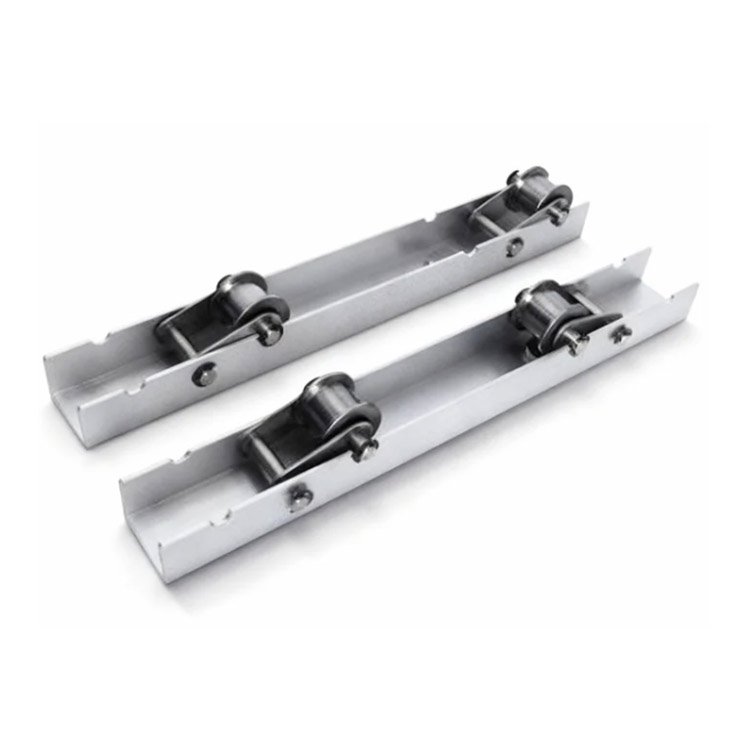 Two silver metal slide rails with mounted rollers, designed for excavator or heavy machinery applications, enabling smooth gliding and stable operation.