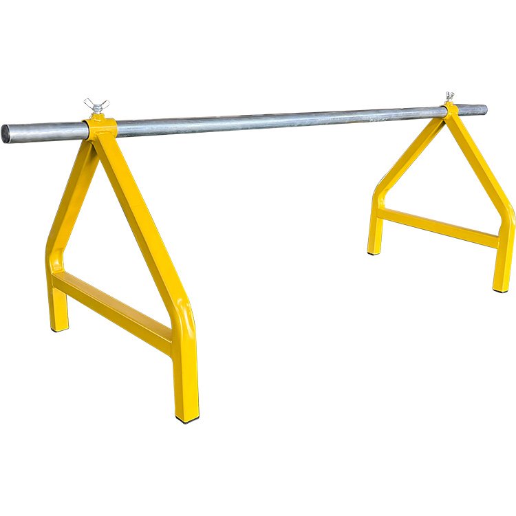 Yellow A-frame pipe support stand with metal pipe, adjustable clamps for secure holding in construction.