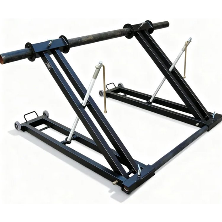 Heavy-duty black pipe roller stand with wheels, adjustable metal arms, and horizontal pipe support for industrial applications.