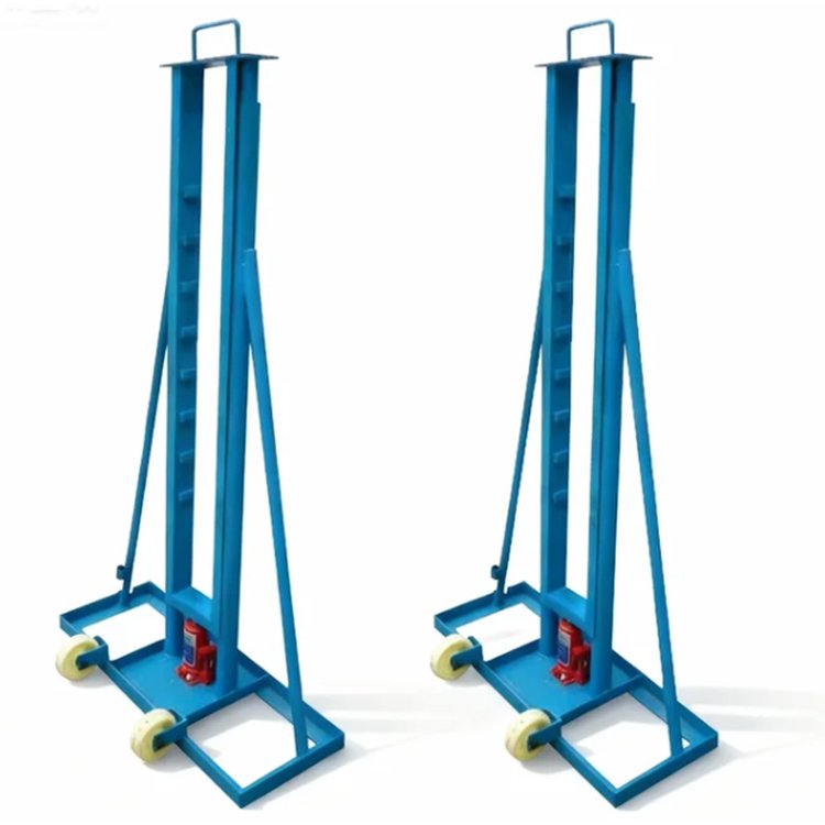 Blue portable hydraulic jack stand with wheels, tall vertical frame, and red hydraulic component for heavy equipment lifting