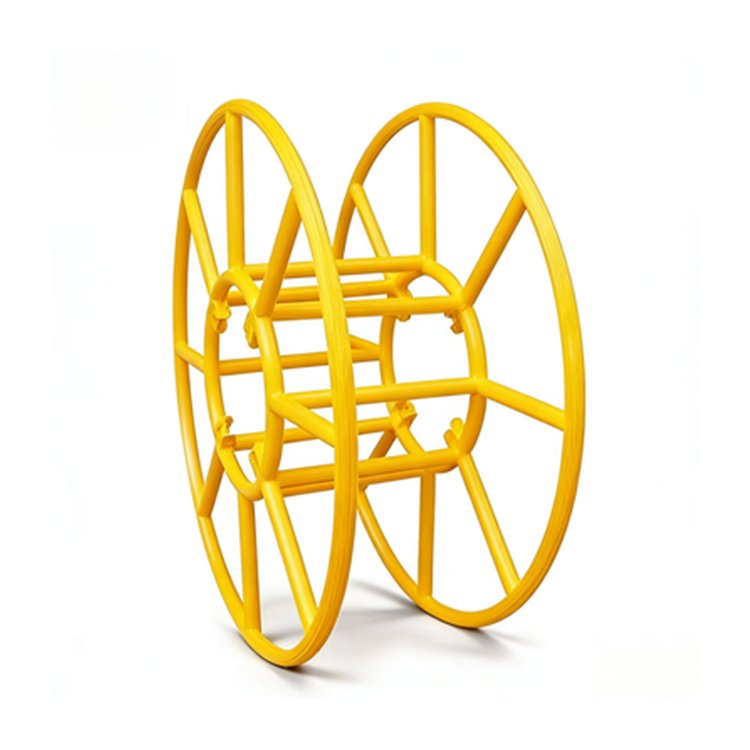 Yellow heavy-duty cable spool with sturdy frame, designed for excavator wiring organization and protection.