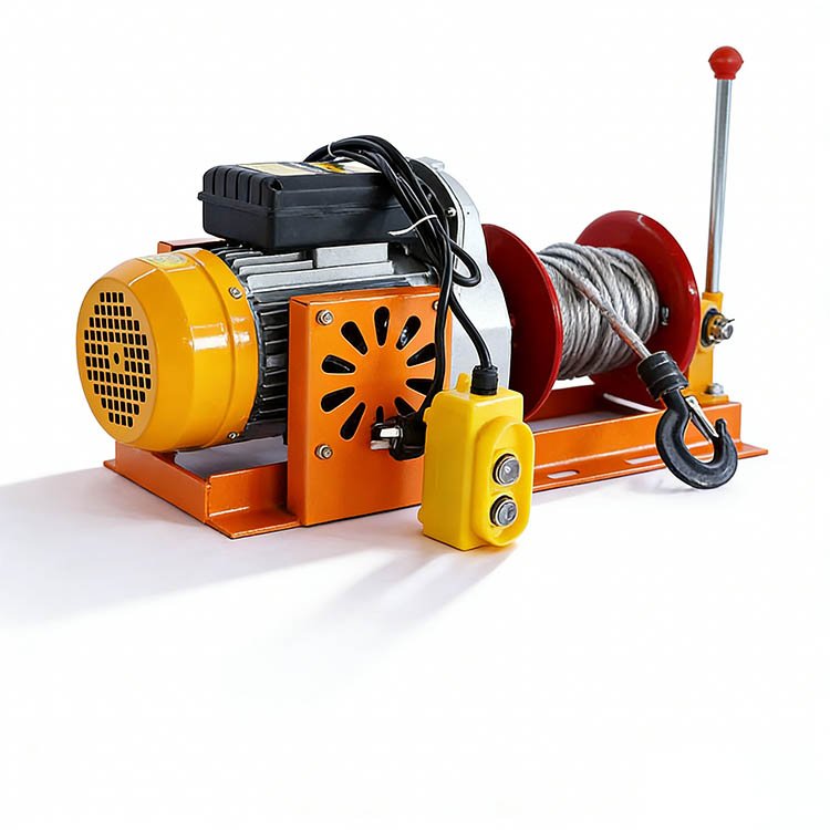 Electric winch with black drum, orange housing, red lifting hooks, and yellow control switch, mounted on a red base.