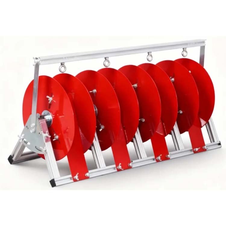 Red rotary soil mixer attachment for excavators: steel frame with 8 red circular blades, ideal for soil/compost mixing in construction/landscaping.